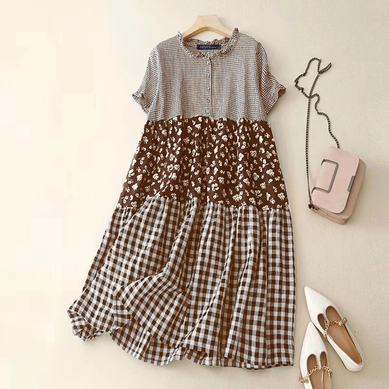 ZANZEA Women Loose Patchwork Check Floral Dress Stylish Short Sleeve Pleated Crew Neck Shirt Dress for Women Plus Size — view 3