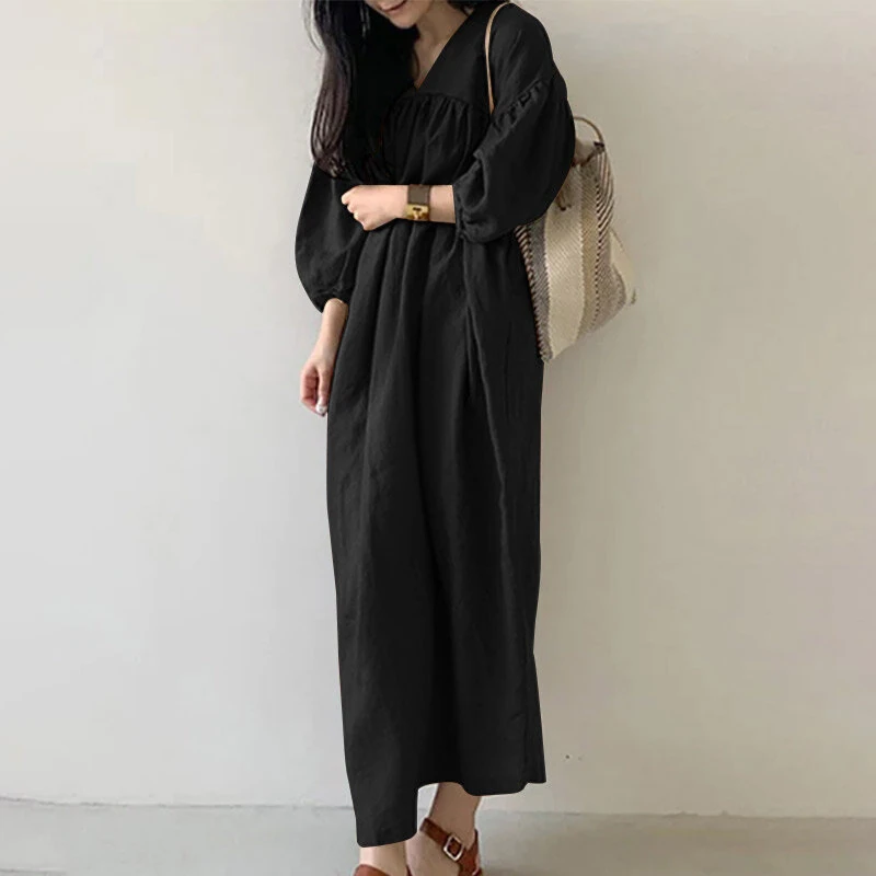 ZANZEA Women Maxi Dresses Solid Color Seven-quarter Length Lantern Sleeves Long Dresses Plus Size Women Dresses — view 4