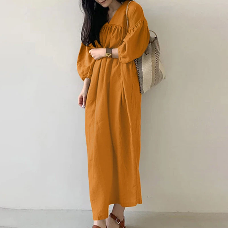 ZANZEA Women Maxi Dresses Solid Color Seven-quarter Length Lantern Sleeves Long Dresses Plus Size Women Dresses — view 5
