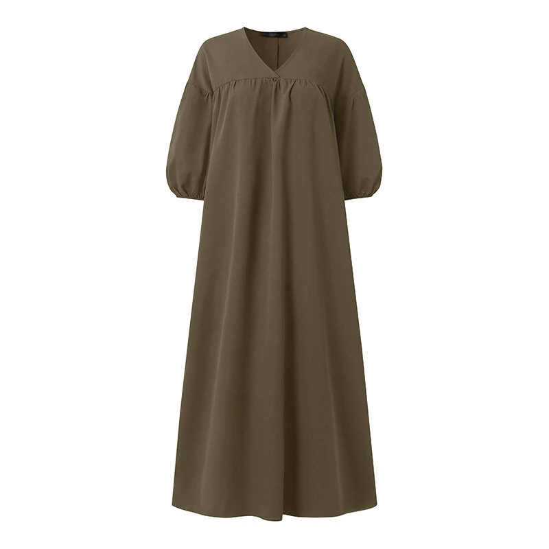 ZANZEA Women Maxi Dresses Solid Color Seven-quarter Length Lantern Sleeves Long Dresses Plus Size Women Dresses — view 7
