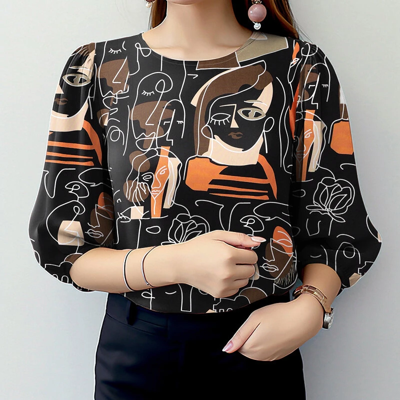 ZANZEA Women OL Work Elegant Blouses ShirtCrew Neck 3/4 Sleeve Printed Elegant Ladylike Tops Shirt — view 3