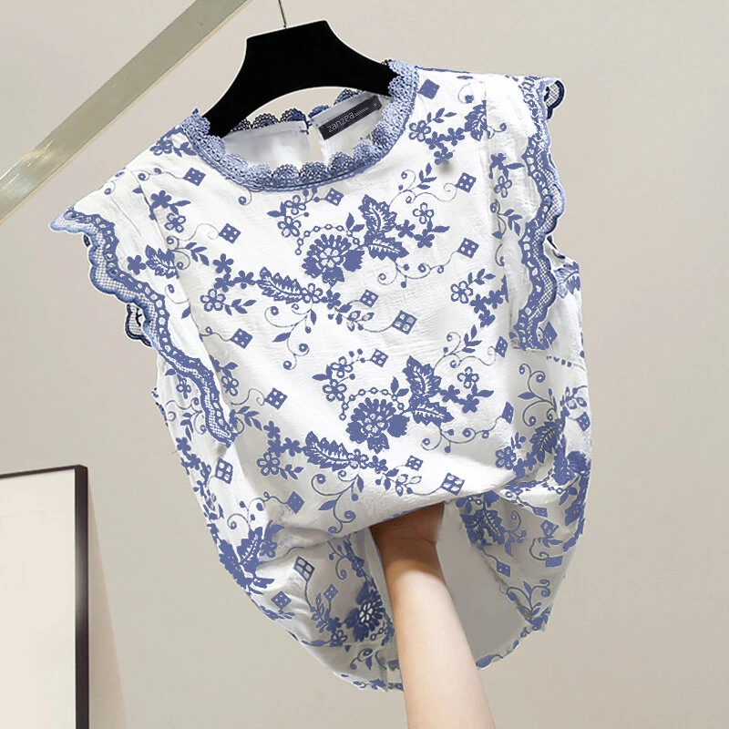 ZANZEA Women Patchwork Lace Print Loose Fit Tank Top Comftable Sleeveless Floral Vest Summer Daily Top for Women — view 2