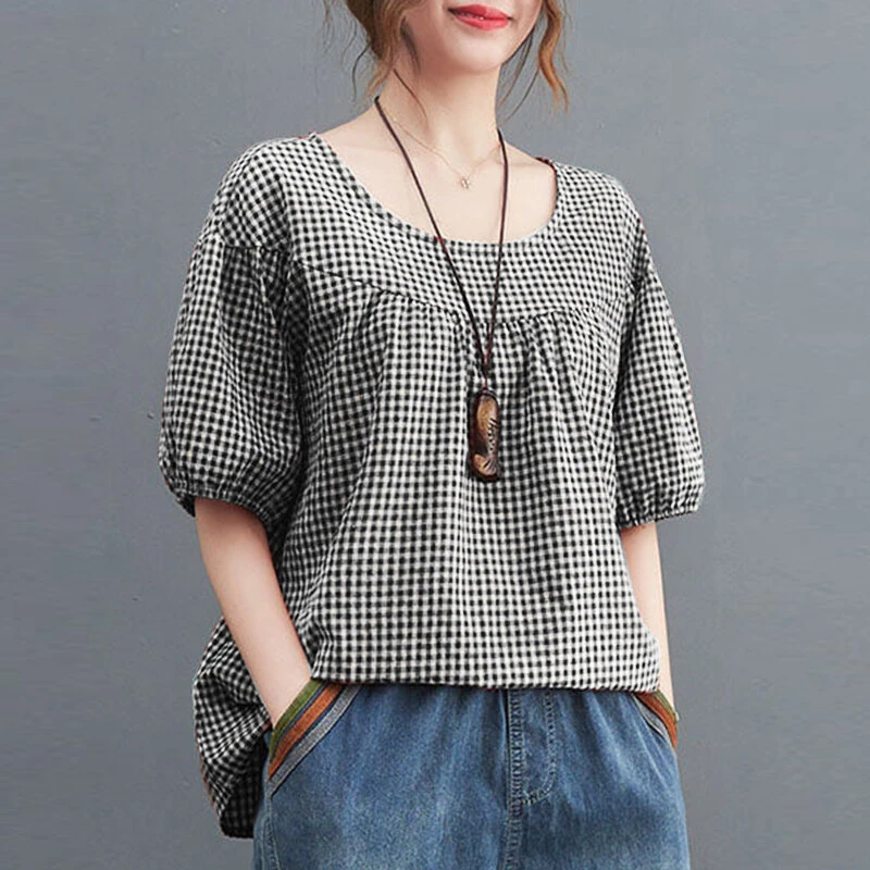 ZANZEA Women Plaid Blouses Shirt Trendy Casual Round Neck Top with Pleats Short Lantern Sleeves Shirt Loose Fit — view 2