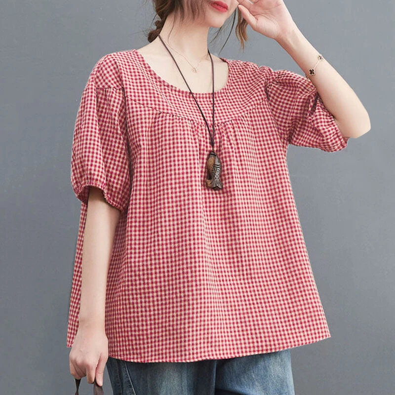 ZANZEA Women Plaid Blouses Shirt Trendy Casual Round Neck Top with Pleats Short Lantern Sleeves Shirt Loose Fit — view 3