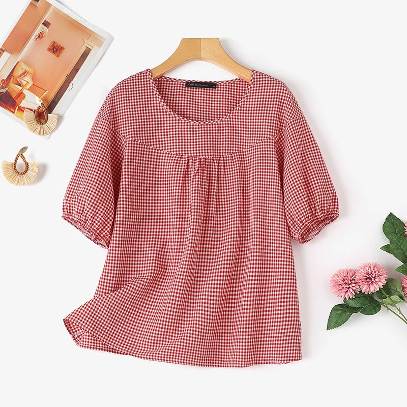 ZANZEA Women Plaid Blouses Shirt Trendy Casual Round Neck Top with Pleats Short Lantern Sleeves Shirt Loose Fit — view 4
