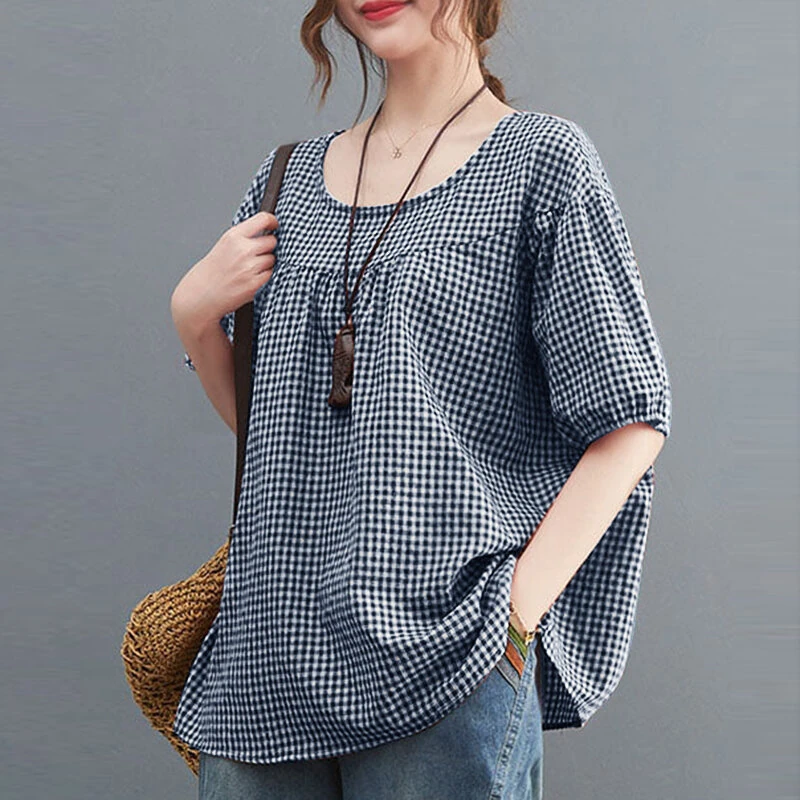ZANZEA Women Plaid Blouses Shirt Trendy Casual Round Neck Top with Pleats Short Lantern Sleeves Shirt Loose Fit — view 7