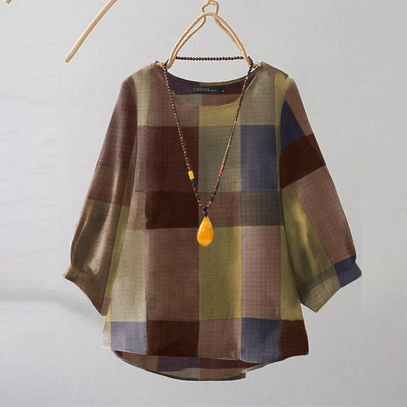 ZANZEA Women Retro Casual 3/4 Sleeve O Neck Shirt Top Plaid Loose Summer Ladylike Blouses — view 10