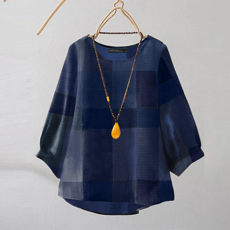ZANZEA Women Retro Casual 3/4 Sleeve O Neck Shirt Top Plaid Loose Summer Ladylike Blouses — view 2