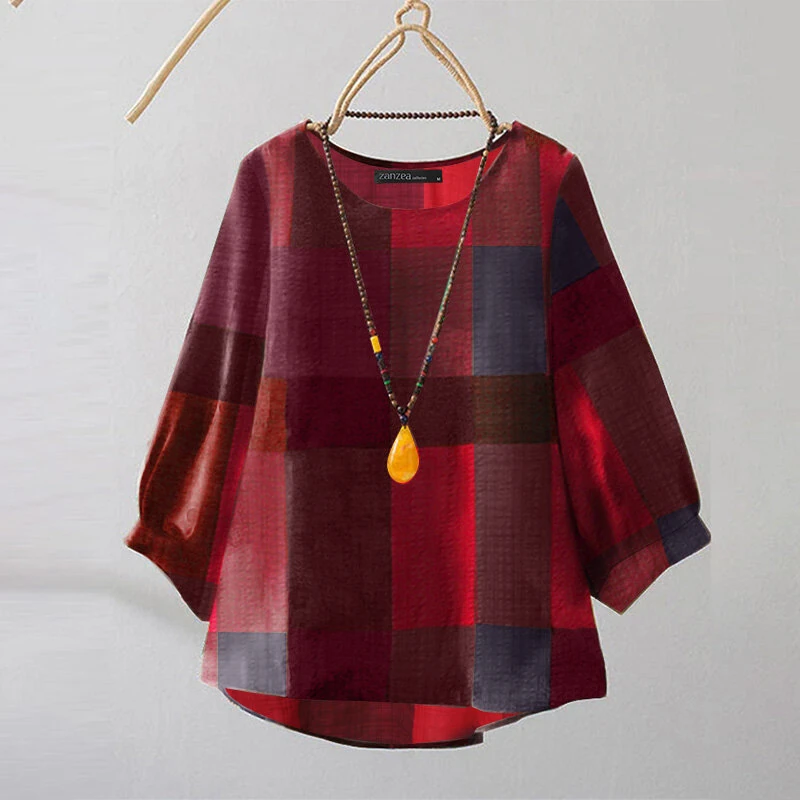ZANZEA Women Retro Casual 3/4 Sleeve O Neck Shirt Top Plaid Loose Summer Ladylike Blouses — view 3