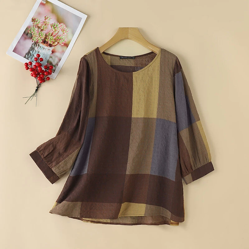 ZANZEA Women Retro Casual 3/4 Sleeve O Neck Shirt Top Plaid Loose Summer Ladylike Blouses — view 4