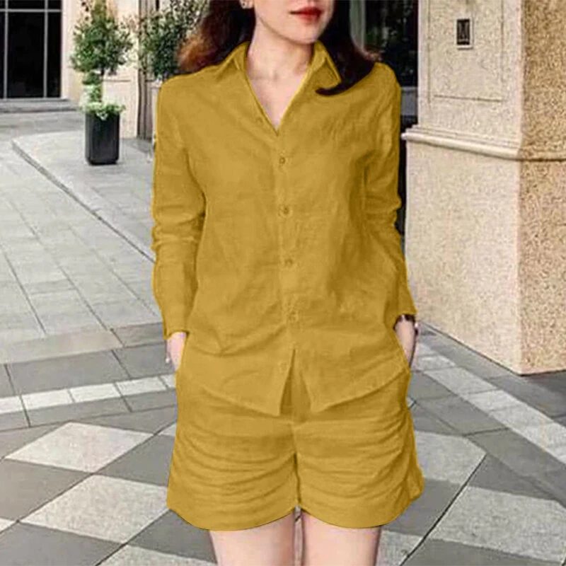 ZANZEA Women's 2pcs Suits Vintage Casual Long Sleeve Lapel Shirt Elastic Waist A-Line Shorts Cotton Linen Sets — view 2