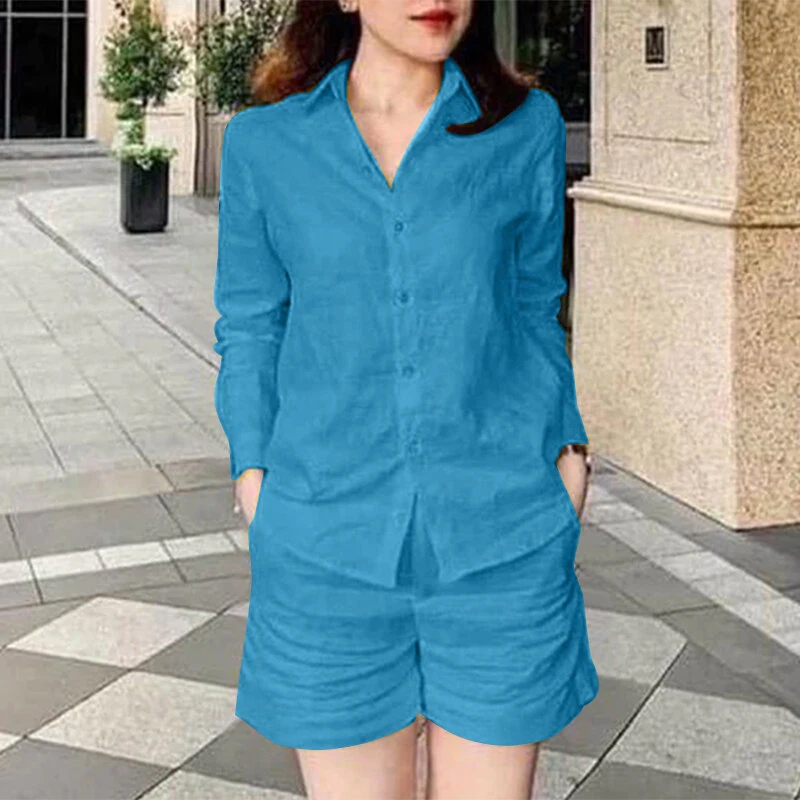ZANZEA Women's 2pcs Suits Vintage Casual Long Sleeve Lapel Shirt Elastic Waist A-Line Shorts Cotton Linen Sets — view 3
