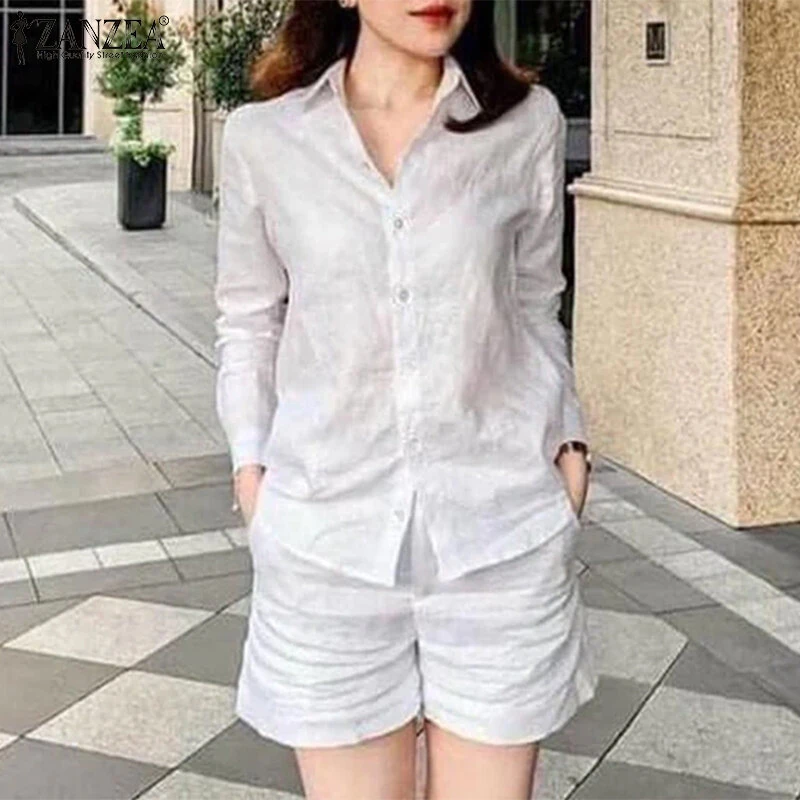 ZANZEA Women's 2pcs Suits Vintage Casual Long Sleeve Lapel Shirt Elastic Waist A-Line Shorts Cotton Linen Sets — view 4