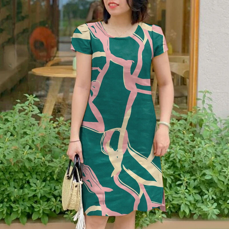 ZANZEA Women's Abstract Print Dresses Summer Commute Short Sleeve O-Neck Printed Shift Dress — view 2
