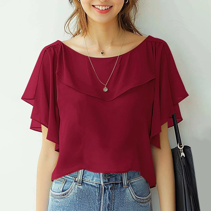 ZANZEA Women's Blouse Elegant Ruffle Sleeve Solid Crew Neck Plain Summer Shirt Pullover Top — view 10