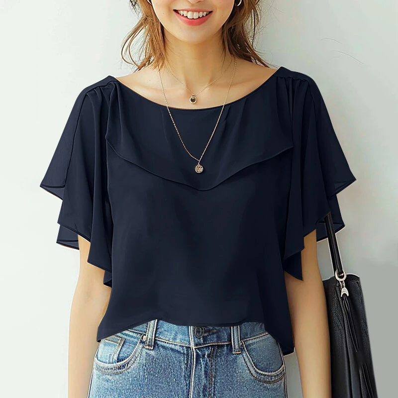 ZANZEA Women's Blouse Elegant Ruffle Sleeve Solid Crew Neck Plain Summer Shirt Pullover Top — view 2