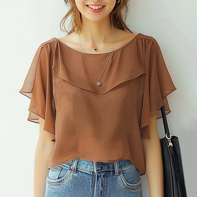 ZANZEA Women's Blouse Elegant Ruffle Sleeve Solid Crew Neck Plain Summer Shirt Pullover Top — view 3