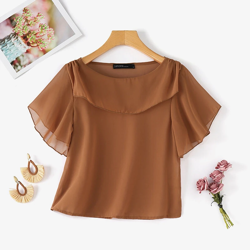 ZANZEA Women's Blouse Elegant Ruffle Sleeve Solid Crew Neck Plain Summer Shirt Pullover Top — view 4