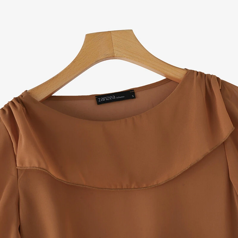 ZANZEA Women's Blouse Elegant Ruffle Sleeve Solid Crew Neck Plain Summer Shirt Pullover Top — view 5