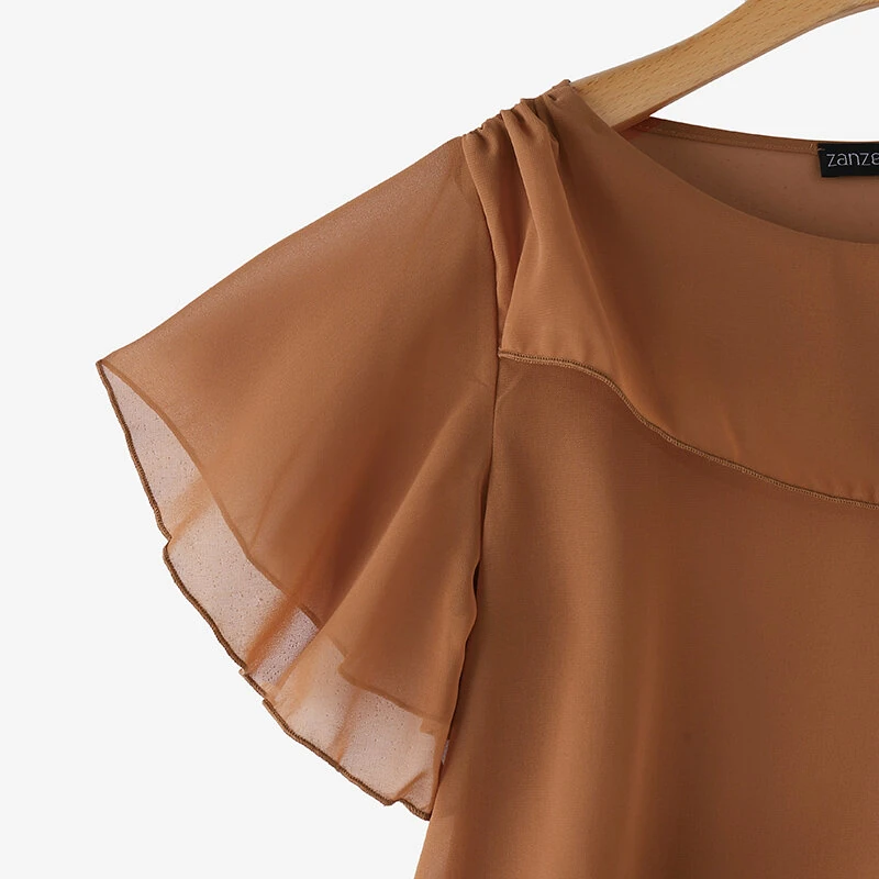 ZANZEA Women's Blouse Elegant Ruffle Sleeve Solid Crew Neck Plain Summer Shirt Pullover Top — view 6
