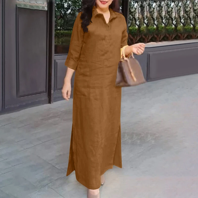 ZANZEA Women's Dresses Turn-Down-Collar 3/4 Sleeve Elegant Office Side Split Plain Maxi Shirt Dress — image 1