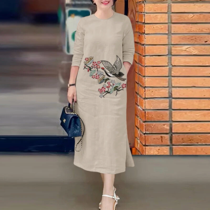 ZANZEA Women's Dresses Vintage Casual 3/4 Sleeve Round Neck Dress Floral Embroidery Split Shift Dresses — view 10