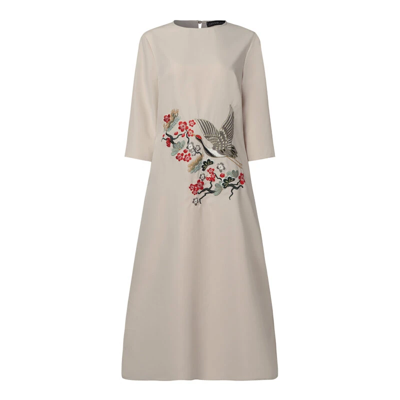 ZANZEA Women's Dresses Vintage Casual 3/4 Sleeve Round Neck Dress Floral Embroidery Split Shift Dresses — view 4