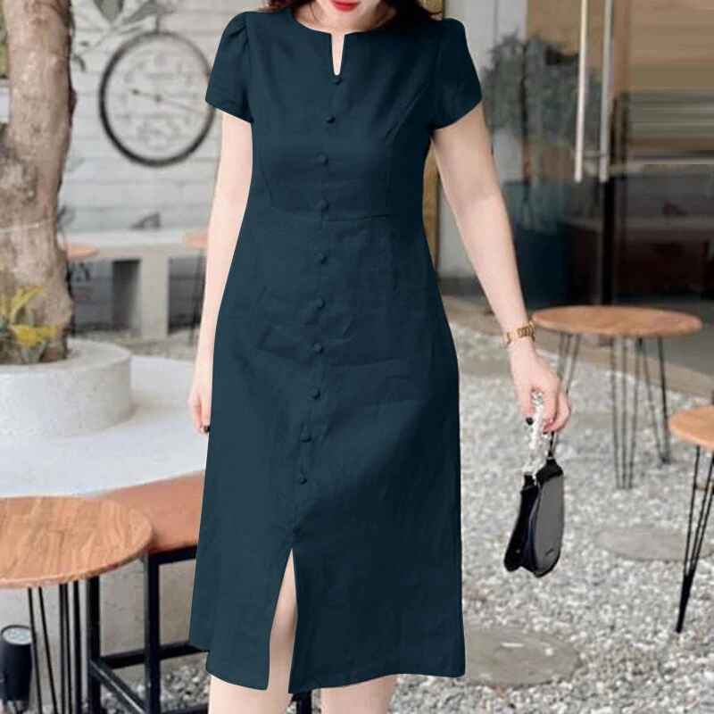 ZANZEA Women's Dresses Vintage Front Split Solid O-Neck Short Sleeve Dress — view 2