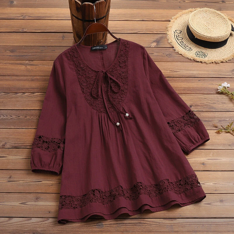 ZANZEA Women's Shirt Solid Lace Blouse Eyelet Lace Patchwork 3/4 Length Sleeve Top Summer Daily Casual Shirts — view 6