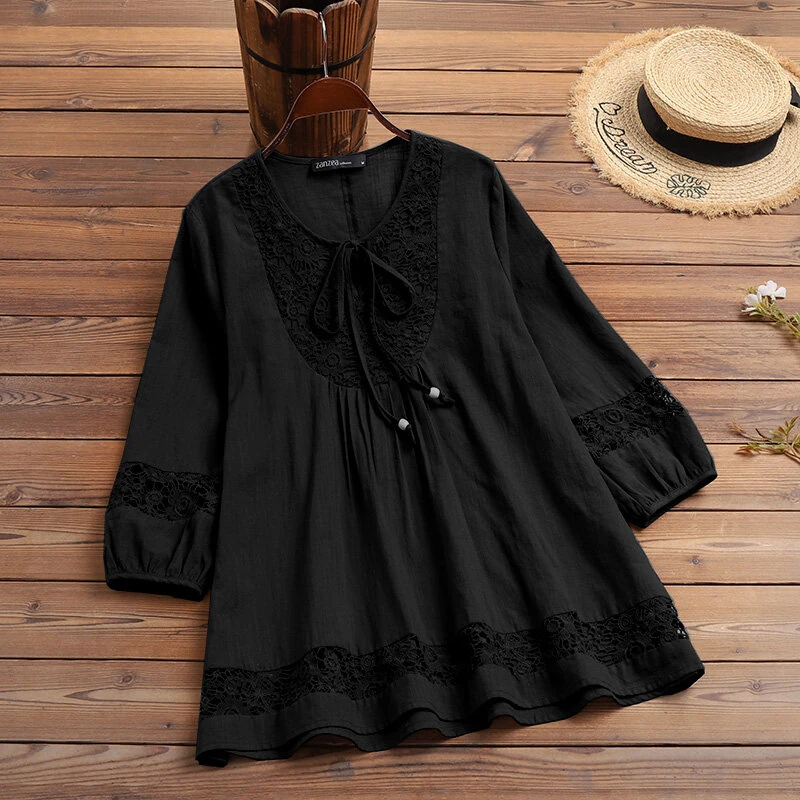 ZANZEA Women's Shirt Solid Lace Blouse Eyelet Lace Patchwork 3/4 Length Sleeve Top Summer Daily Casual Shirts — view 8