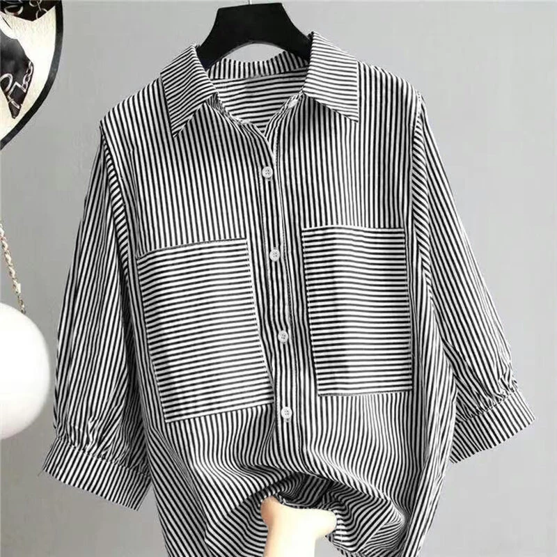 ZANZEA Women's Striped Shirt Summer 3/4 Sleeve Lantern Sleeve Front Pockets Casual Blouse Top — view 2