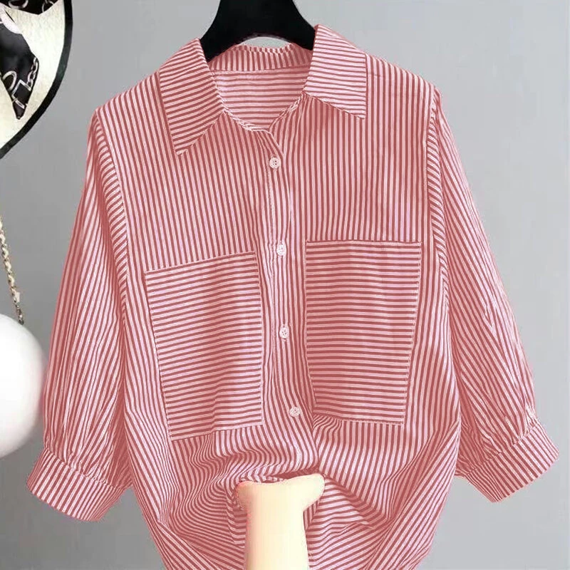 ZANZEA Women's Striped Shirt Summer 3/4 Sleeve Lantern Sleeve Front Pockets Casual Blouse Top — view 3