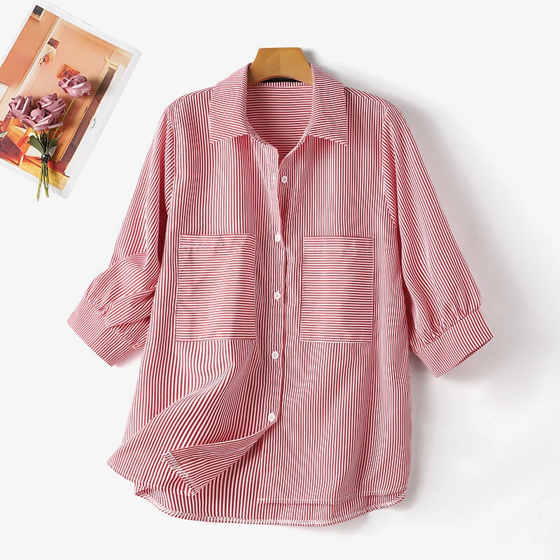 ZANZEA Women's Striped Shirt Summer 3/4 Sleeve Lantern Sleeve Front Pockets Casual Blouse Top — view 4
