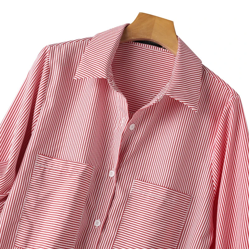 ZANZEA Women's Striped Shirt Summer 3/4 Sleeve Lantern Sleeve Front Pockets Casual Blouse Top — view 5