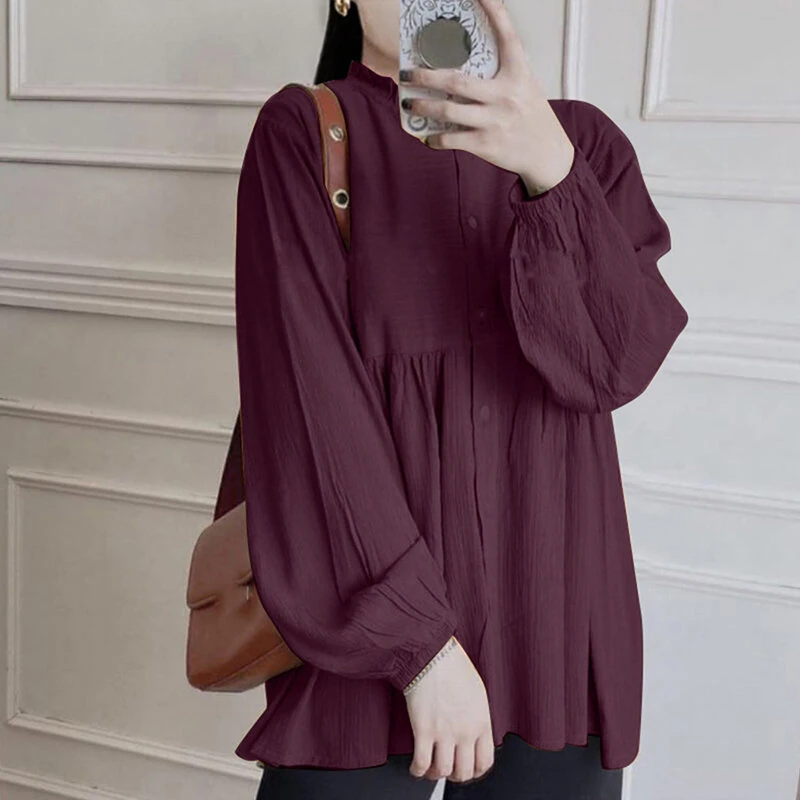 ZANZEA Women Shirt Fashion Long Sleeve Solid Blouse Vintage Ruffles Tops Loose Fit Blouse Top for Women S-5XL — view 3