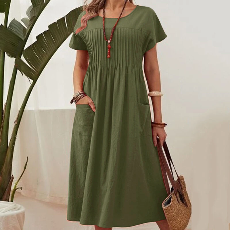 ZANZEA Women Short Sleeve Pleated Party Long Dress Casual Loose Sundress Maxi Dress with Pockets