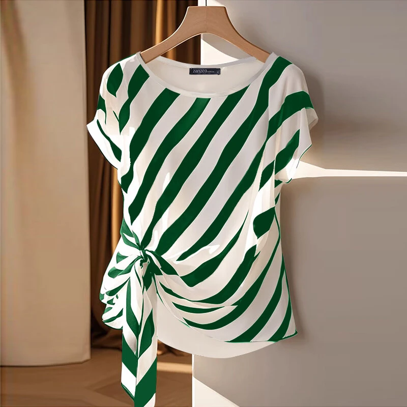 ZANZEA Women Striped Printed T-shirt Fashion Short Sleeve Tee Holiday Summer Holiday Belted Design Casual Simple Tops — ZANZEA