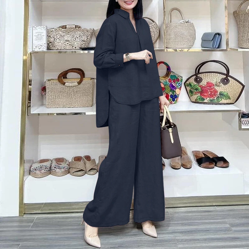 ZANZEA Women Suits - Long Sleeve Lantern Sleeve Elastic Waist Pants Wide Leg Pants with Pockets Casual Tops Trousers Two-Piece Set Plus Size — view 11
