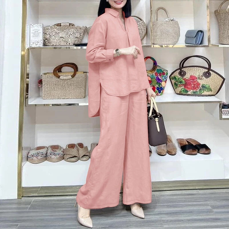 ZANZEA Women Suits - Long Sleeve Lantern Sleeve Elastic Waist Pants Wide Leg Pants with Pockets Casual Tops Trousers Two-Piece Set Plus Size — view 2
