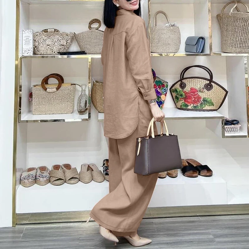ZANZEA Women Suits - Long Sleeve Lantern Sleeve Elastic Waist Pants Wide Leg Pants with Pockets Casual Tops Trousers Two-Piece Set Plus Size — view 4