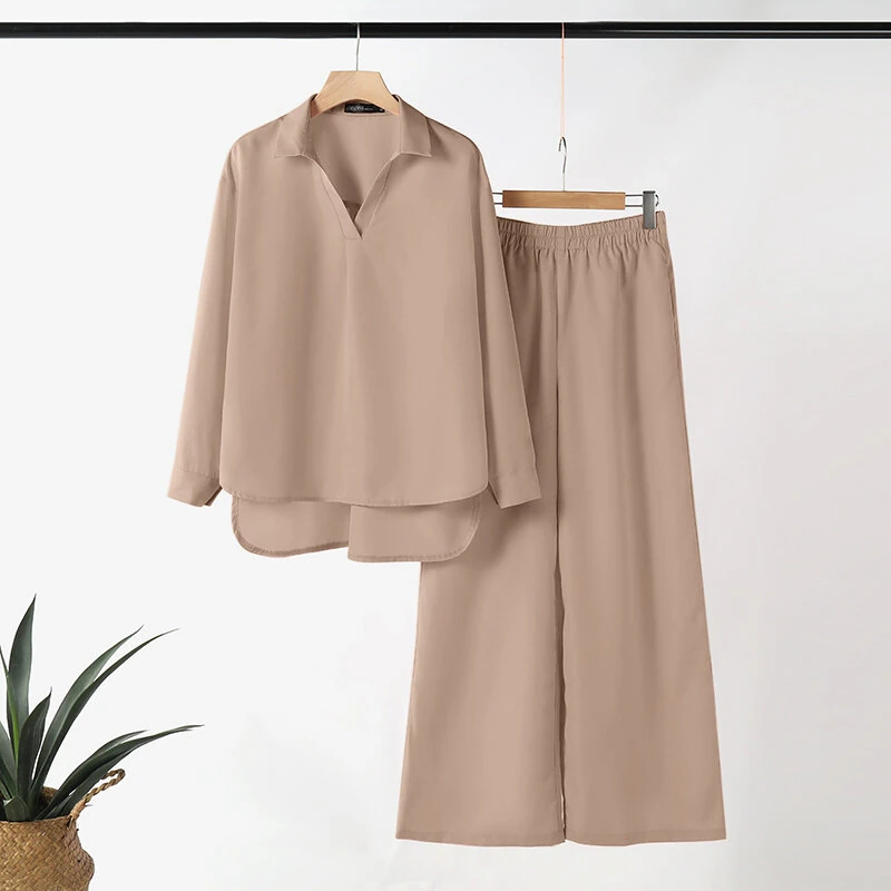 ZANZEA Women Suits - Long Sleeve Lantern Sleeve Elastic Waist Pants Wide Leg Pants with Pockets Casual Tops Trousers Two-Piece Set Plus Size — view 5