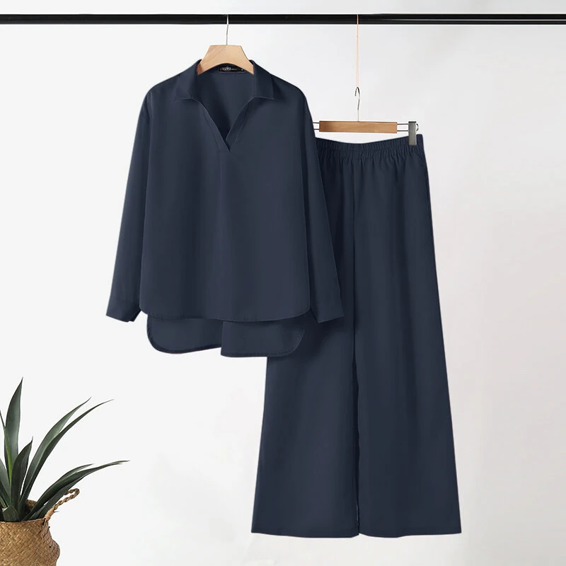 ZANZEA Women Suits - Long Sleeve Lantern Sleeve Elastic Waist Pants Wide Leg Pants with Pockets Casual Tops Trousers Two-Piece Set Plus Size — view 6