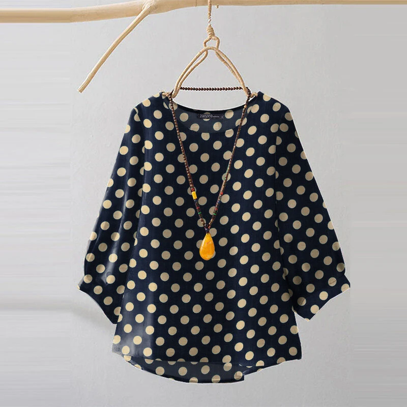 ZANZEA Women Summer Casual 3/4 Sleeve Blouses O Neck Polka Dot Loose Ladylike Shirt Top — view 2