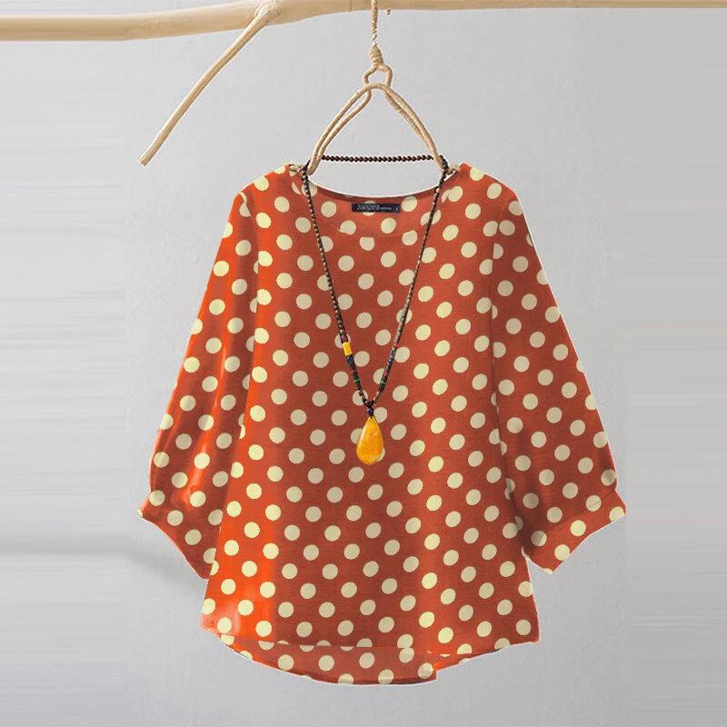 ZANZEA Women Summer Casual 3/4 Sleeve Blouses O Neck Polka Dot Loose Ladylike Shirt Top — view 3