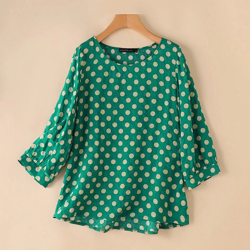 ZANZEA Women Summer Casual 3/4 Sleeve Blouses O Neck Polka Dot Loose Ladylike Shirt Top — view 4