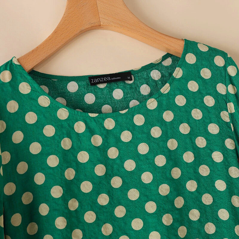 ZANZEA Women Summer Casual 3/4 Sleeve Blouses O Neck Polka Dot Loose Ladylike Shirt Top — view 6