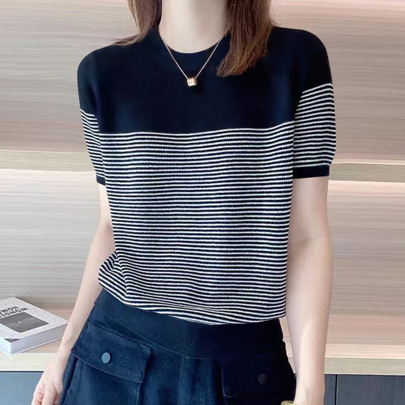 ZANZEA Women Summer T Shirt Vintage Striped Short Sleeve Tee Korean Fashion Round Neck Patchwork Tunics Casual Knitted Tops — view 2