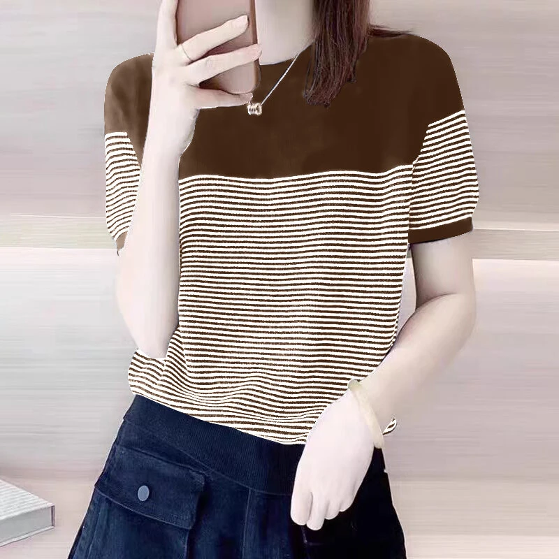 ZANZEA Women Summer T Shirt Vintage Striped Short Sleeve Tee Korean Fashion Round Neck Patchwork Tunics Casual Knitted Tops — view 3