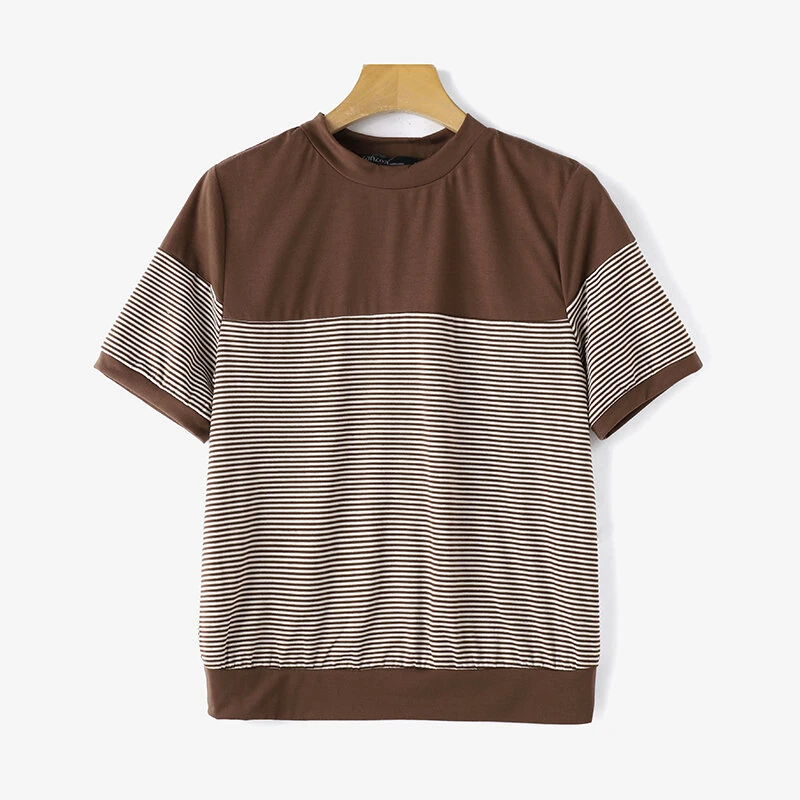 ZANZEA Women Summer T Shirt Vintage Striped Short Sleeve Tee Korean Fashion Round Neck Patchwork Tunics Casual Knitted Tops — view 4