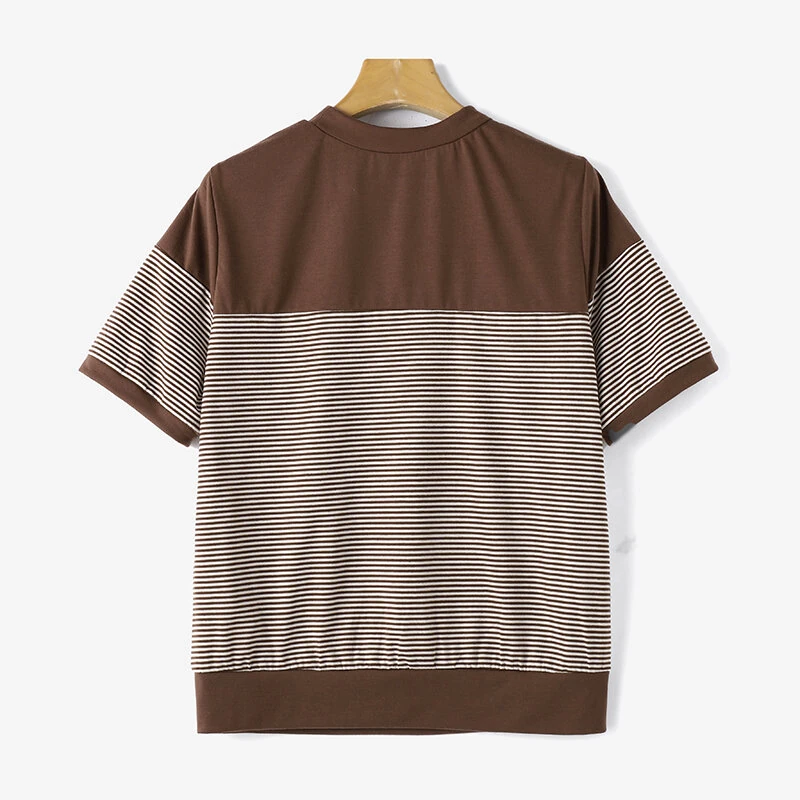 ZANZEA Women Summer T Shirt Vintage Striped Short Sleeve Tee Korean Fashion Round Neck Patchwork Tunics Casual Knitted Tops — view 5